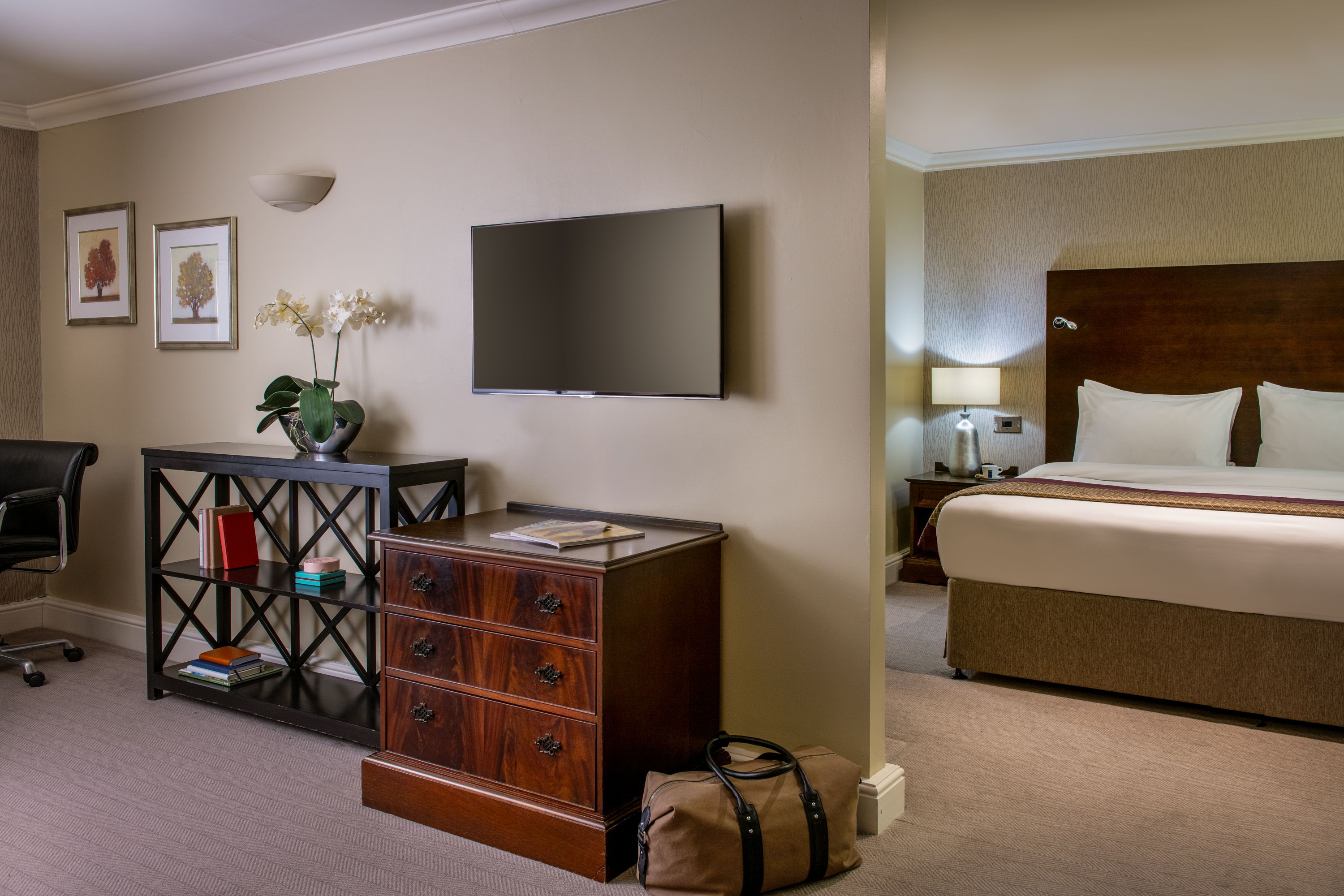 A view of the bed and lounge area in the premier suite including a TV