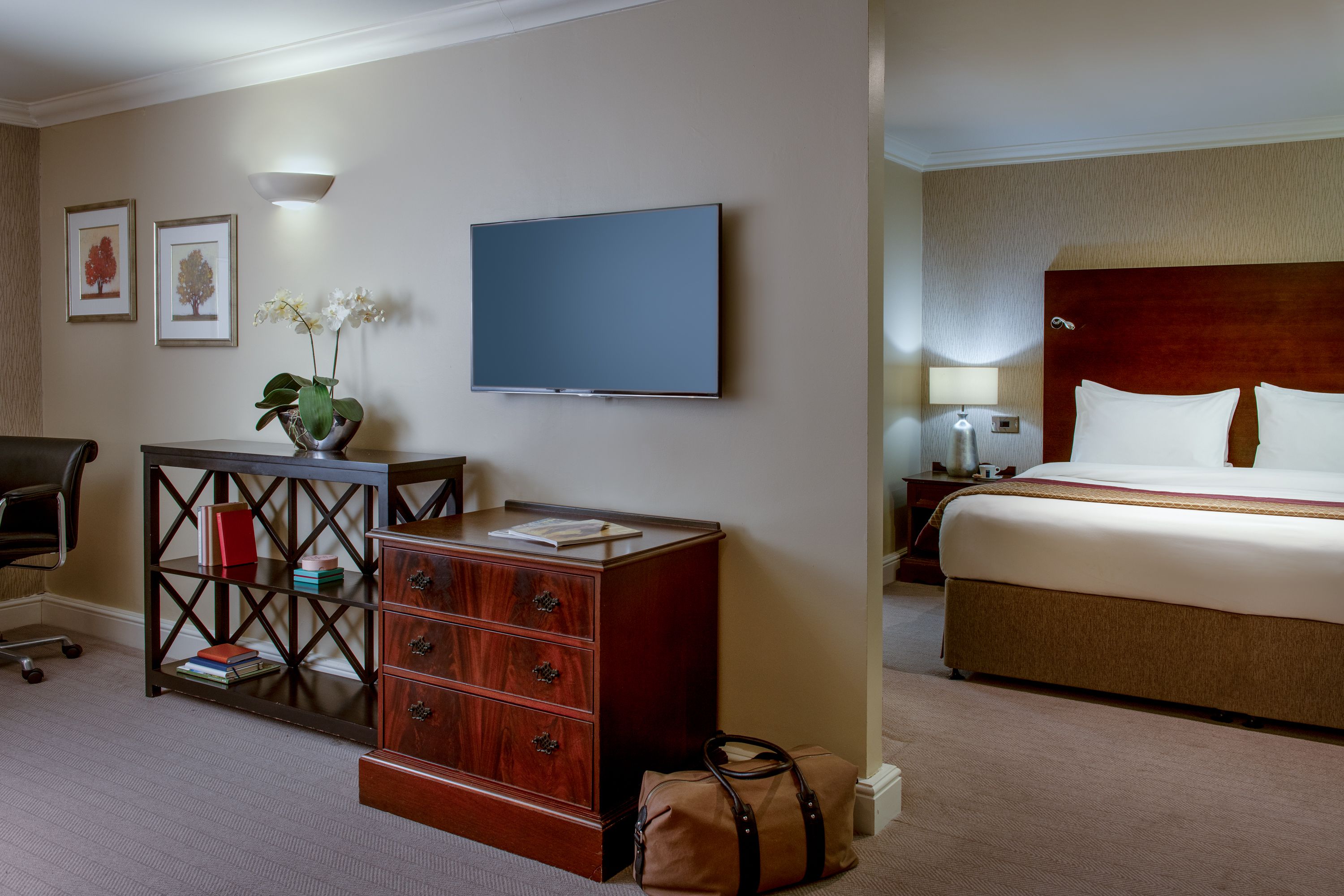 A view of the bed and lounge area in the premier suite including a TV